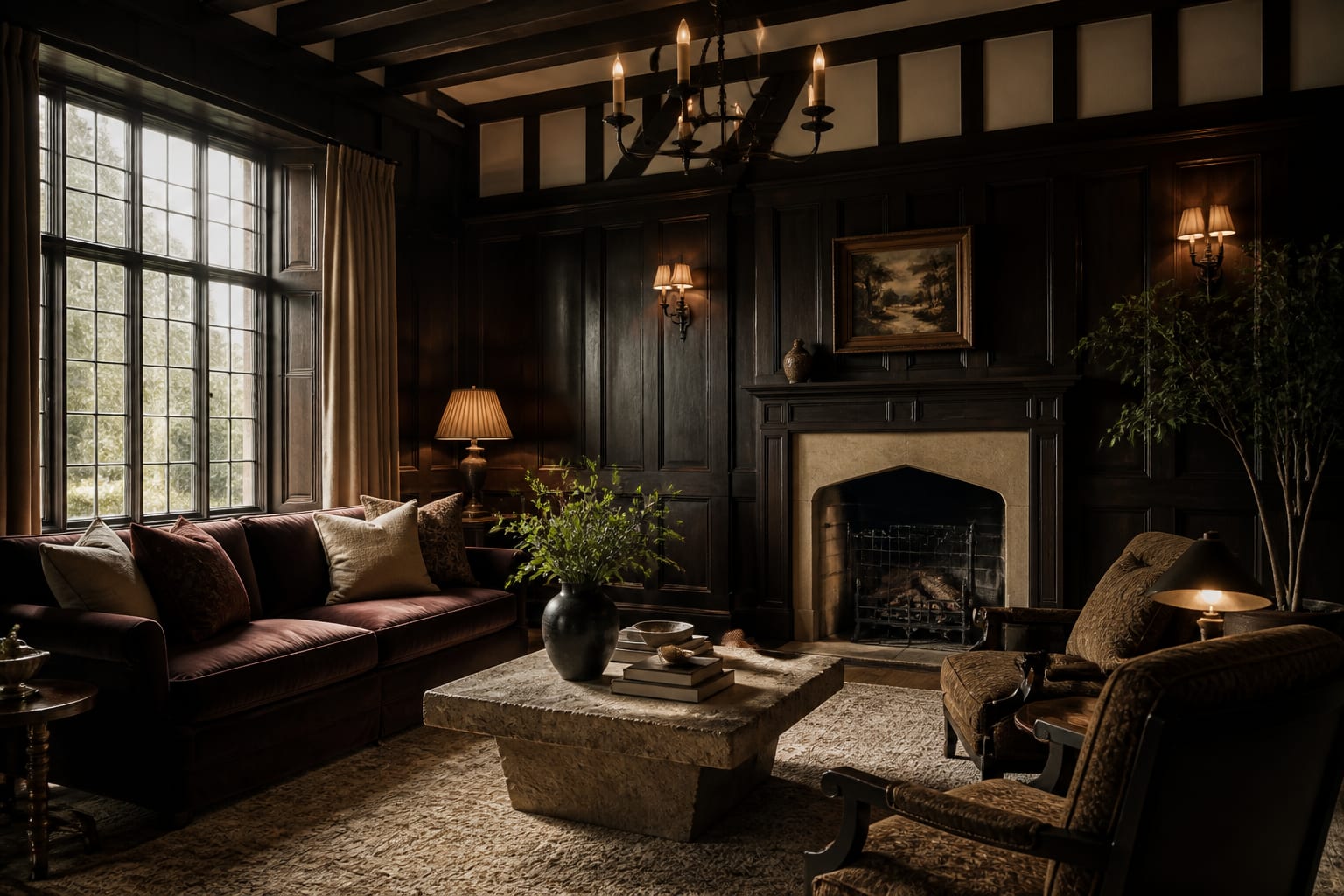 Tudor Interior Design Ideas: Dark Wood and Real Drama, shown as warm editorial Re-Design photography with believable residential scale, natural light, clear material detail, no overlaid text, no watermark