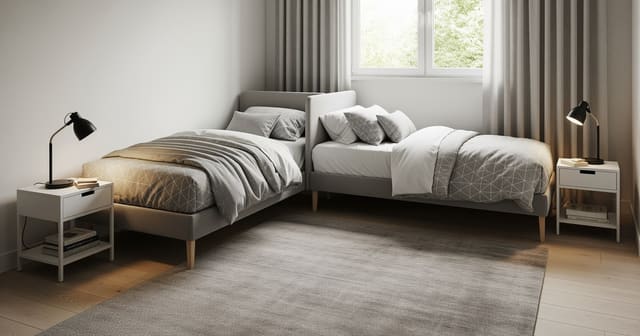 A shared bedroom with two twin beds in an L-shaped corner arrangement with individual nightstands
