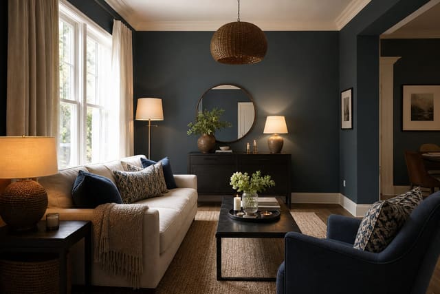 two-tone living room with one dominant wall color, repeated accent textiles, pale curtains, and warm lamps