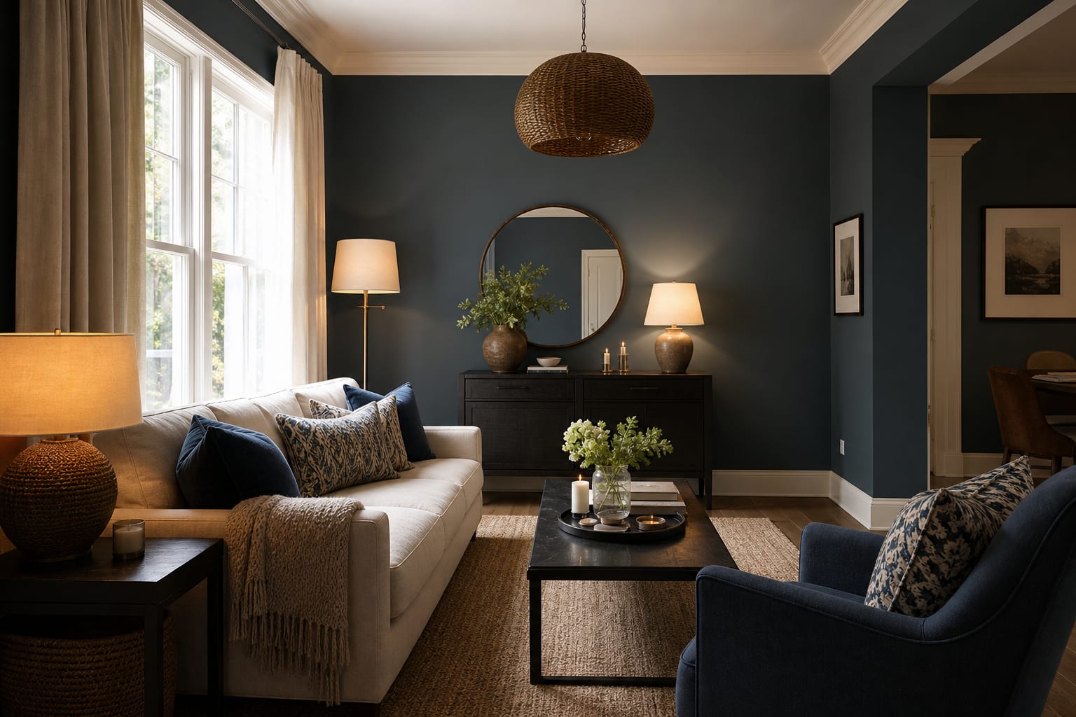 two-tone living room with one dominant wall color, repeated accent textiles, pale curtains, and warm lamps