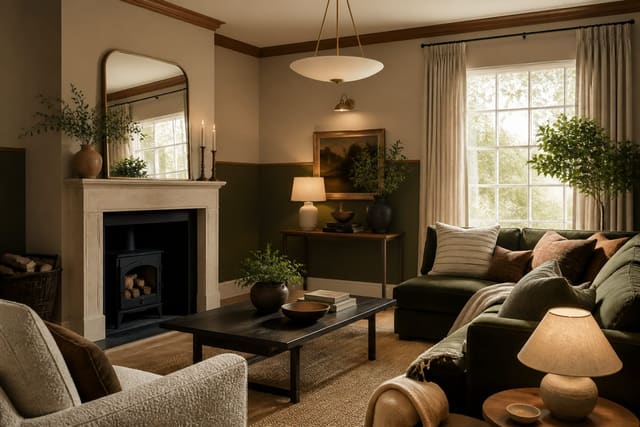 Editorial interior photograph showing a room with two-tone paint, balanced wall color blocking, warm trim, and styled furniture.