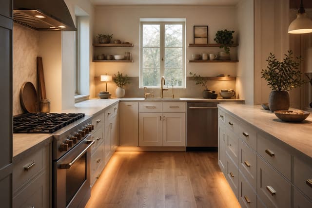 compact U-shaped kitchen with open center aisle, pale cabinets, wall shelves, and no island blocking the work triangle