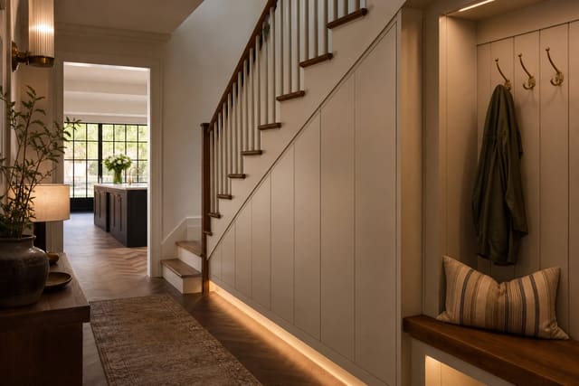 closed under-stair cabinets with flat fronts, warm wood bench, and brass hooks in a narrow hallway