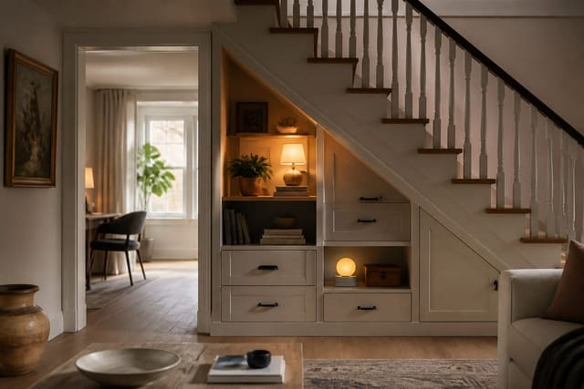 Under-Stairs Storage Ideas in a under-stairs storage zone, shown as a warm editorial Re-Design concept