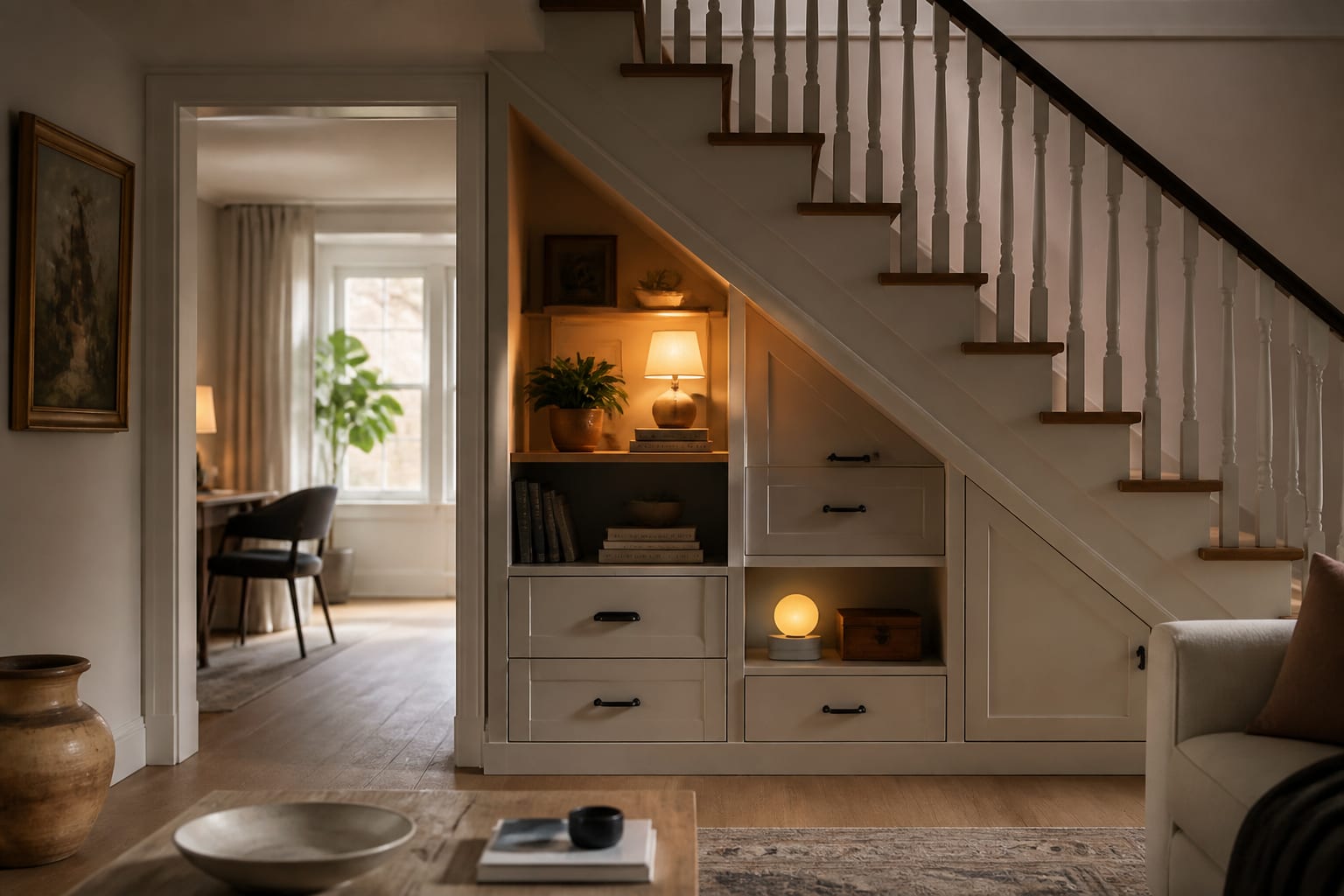 Under-Stairs Storage Ideas in a under-stairs storage zone, shown as a warm editorial Re-Design concept
