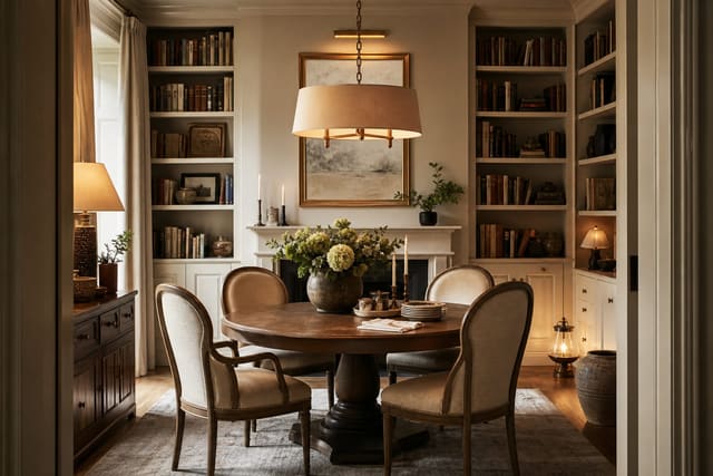converted formal dining room with built in bookcases, a round table, upholstered chairs, and warm shaded lamps