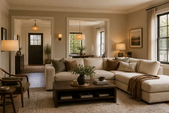 How to Upgrade Builder Grade Finishes: The Changes Worth Making First, shown as warm editorial Re-Design photography of a builder-grade room upgraded with better hardware, larger lighting, framed art, and warmer trim details at believable residential scale, no overlaid text, no watermark