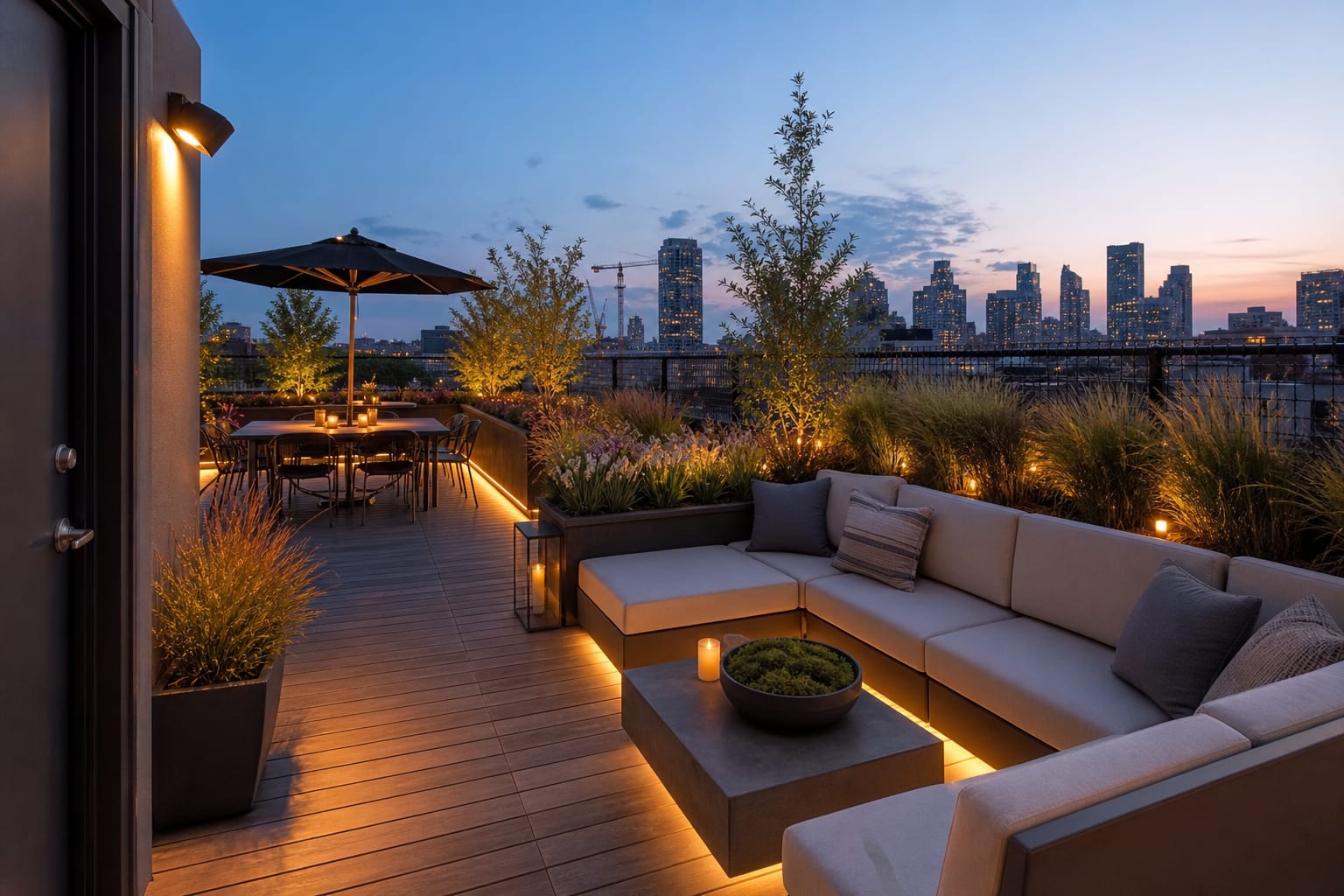 same rooftop redesigned with deck pavers, low sectional seating, trough planters, shade sail, dining table, and warm perimeter lights