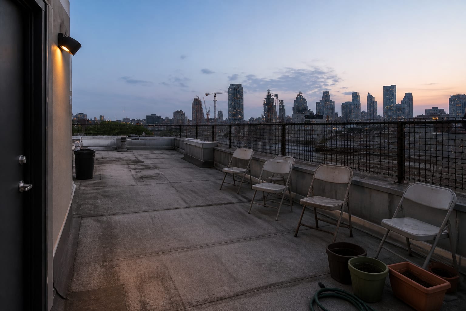 unfinished urban rooftop with plain membrane surface, scattered folding chairs, exposed mechanical edges, and no shade or seating plan