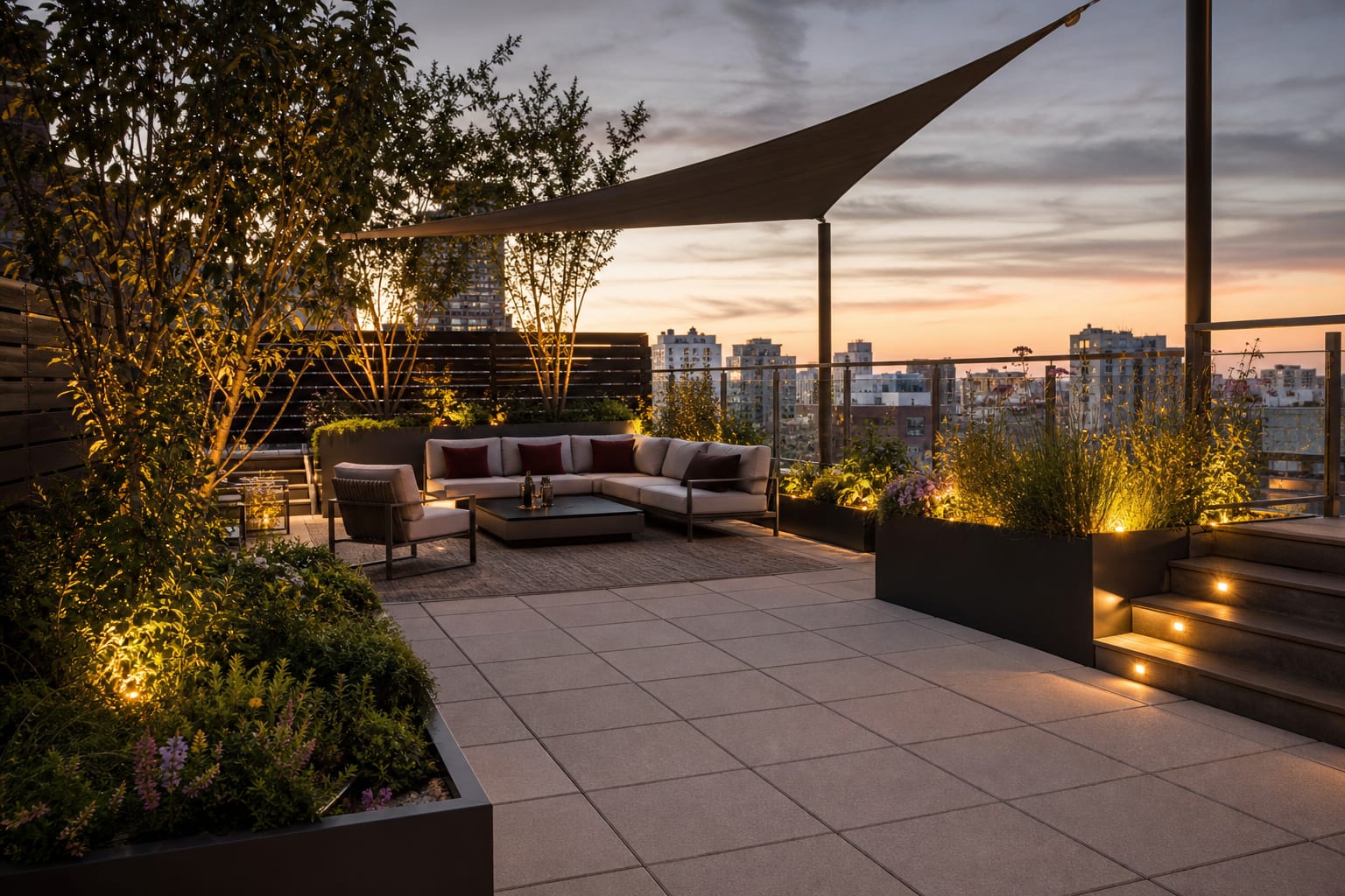 urban rooftop deck with composite pavers, low lounge furniture, planters, shade sail, and warm step lights at dusk