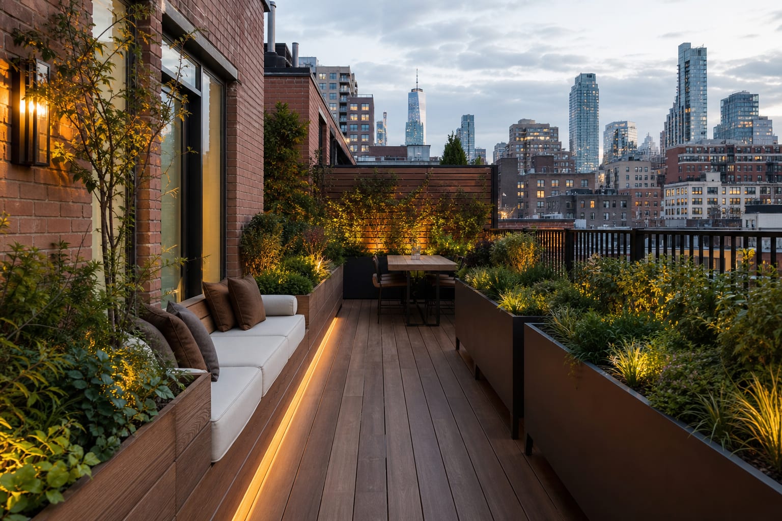 narrow city rooftop deck with one clear walking route, built-in bench seating, trough planters, and skyline view