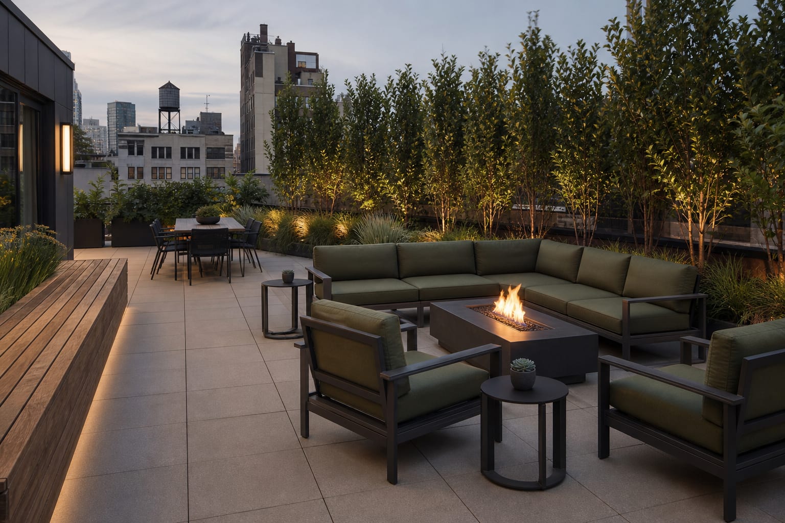 rooftop deck material palette with taupe pavers, charcoal metal furniture, olive cushions, wood benching, and planted screens