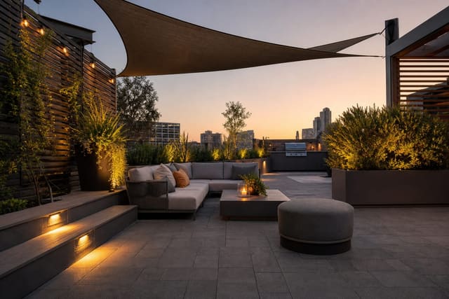 urban rooftop deck with composite pavers, low lounge furniture, planters, shade sail, and warm step lights at dusk