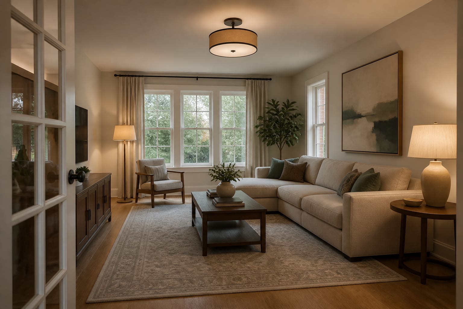 warm modern living room photographed from the doorway with visible windows, rug, sofa, and lighting for an AI redesign preview