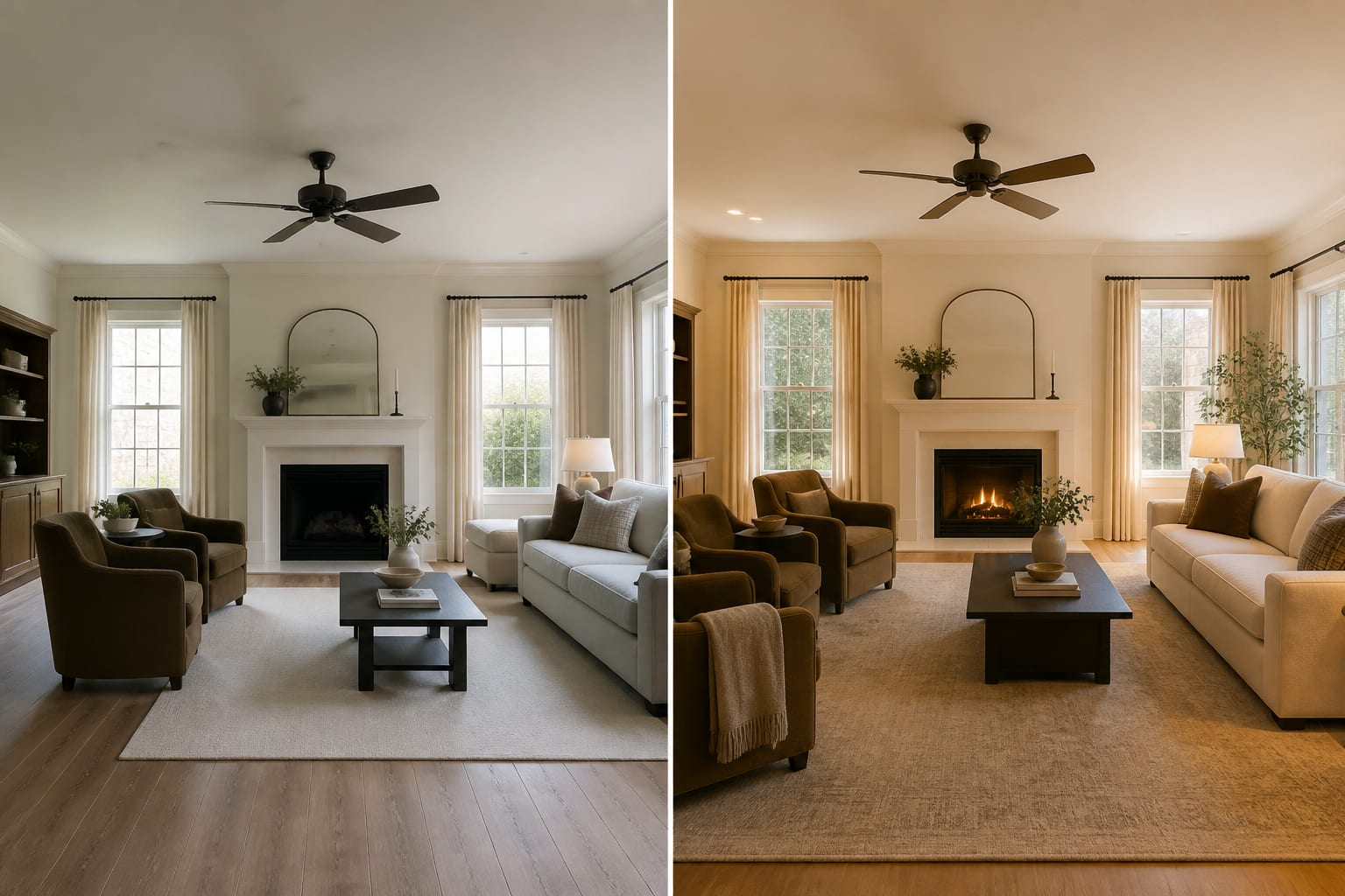 AI preview comparison of one living room showing current layout, warmer lighting, larger rug, and clearer seating path