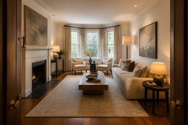 warm modern living room photographed from the doorway with visible windows, rug, sofa, and lighting for an AI redesign preview