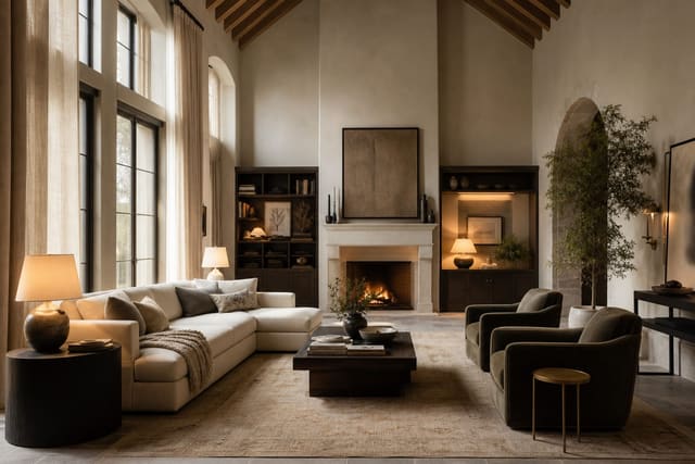 vaulted living room with tall linen curtains, large rug, warm layered lighting, and furniture scaled to the ceiling height