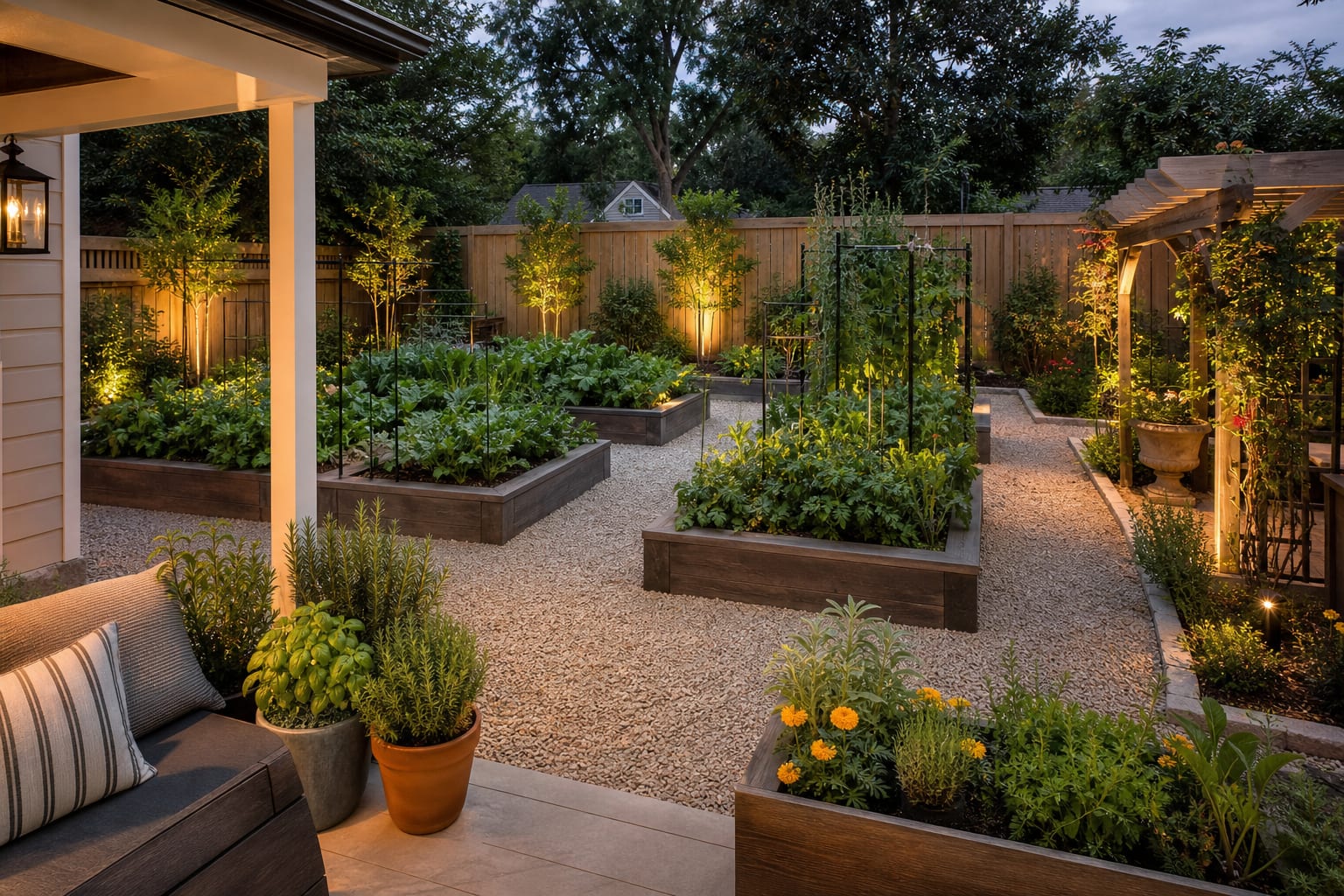 same garden angle redesigned with raised vegetable beds, 36-inch gravel paths, tidy trellises, herbs by the gate, and defined planting zones.