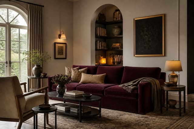 Velvet Sofa Styling: How to Build a Room Around a Statement Piece, shown as warm editorial Re-Design photography with believable residential scale, natural light, clear material detail, no overlaid text, no watermark