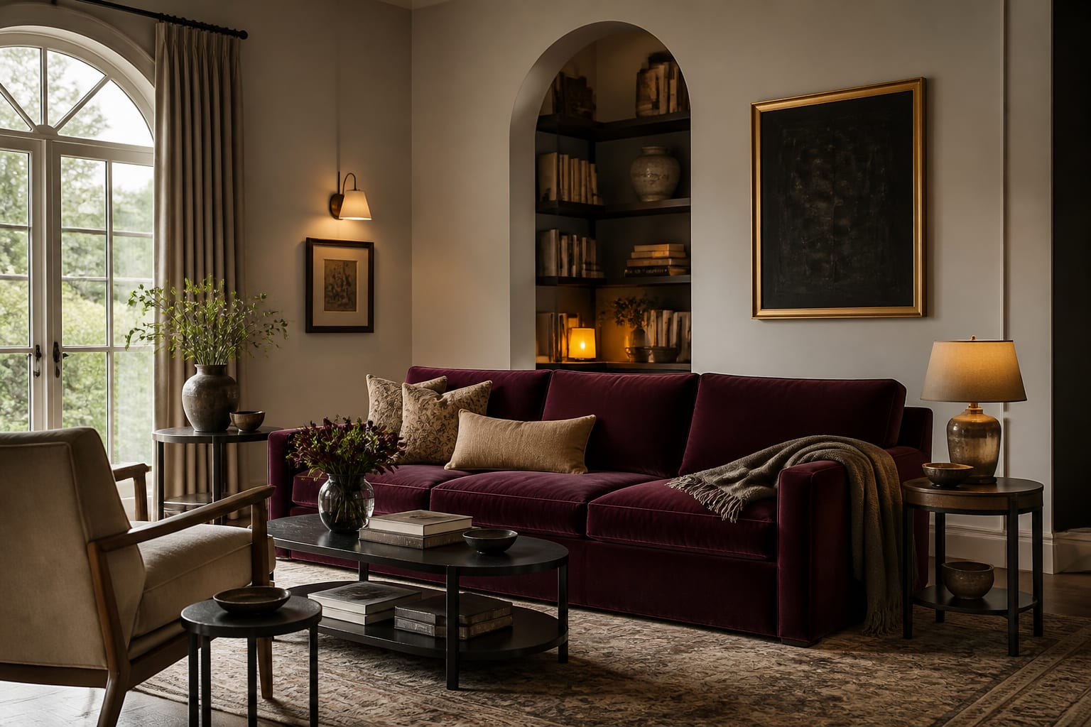 Velvet Sofa Styling: How to Build a Room Around a Statement Piece, shown as warm editorial Re-Design photography with believable residential scale, natural light, clear material detail, no overlaid text, no watermark