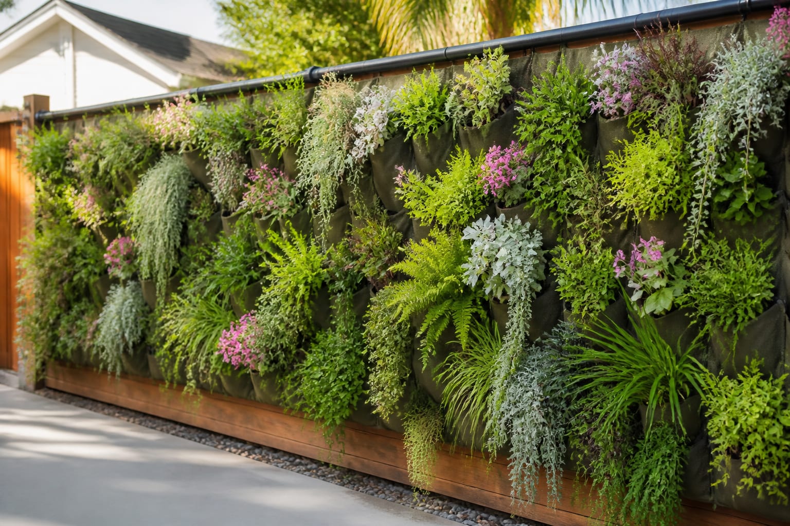 The same fence transformed into a lush living wall with pocket panels of ferns, trailing succulents, and flowering herbs