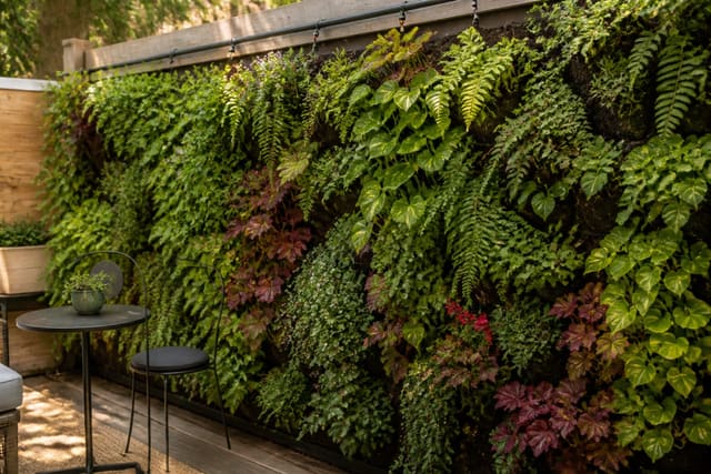 A lush professional living wall covering a wooden fence with dense layers of ferns, trailing plants, and herbs