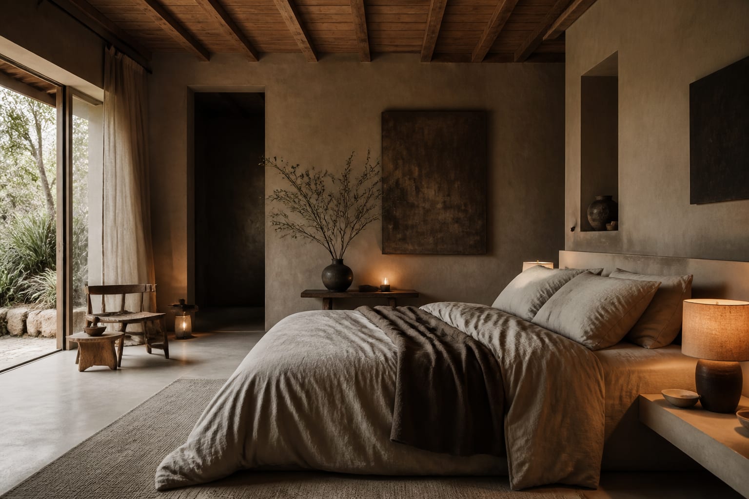 Wabi-Sabi Bedroom Ideas shown as a finished Re-Design editorial room concept