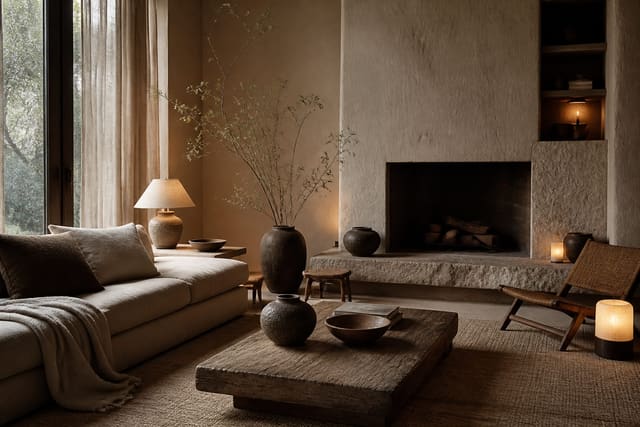 Wabi-Sabi Living Room Ideas shown as a finished Re-Design editorial room concept