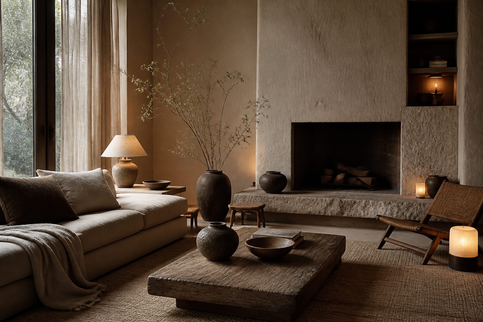 Wabi-Sabi Living Room Ideas shown as a finished Re-Design editorial room concept