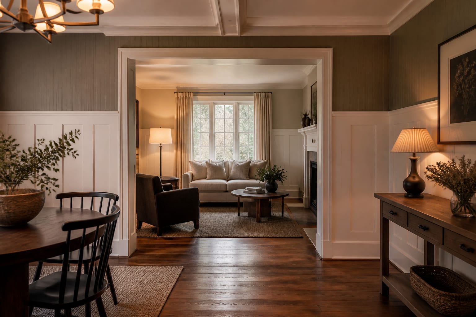 Editorial interior photograph showing wainscoting ideas: styles, heights, and where to use them in a real whole home, with warm residential materials, layered lighting, functional furniture placement, and a magazine-quality composition.