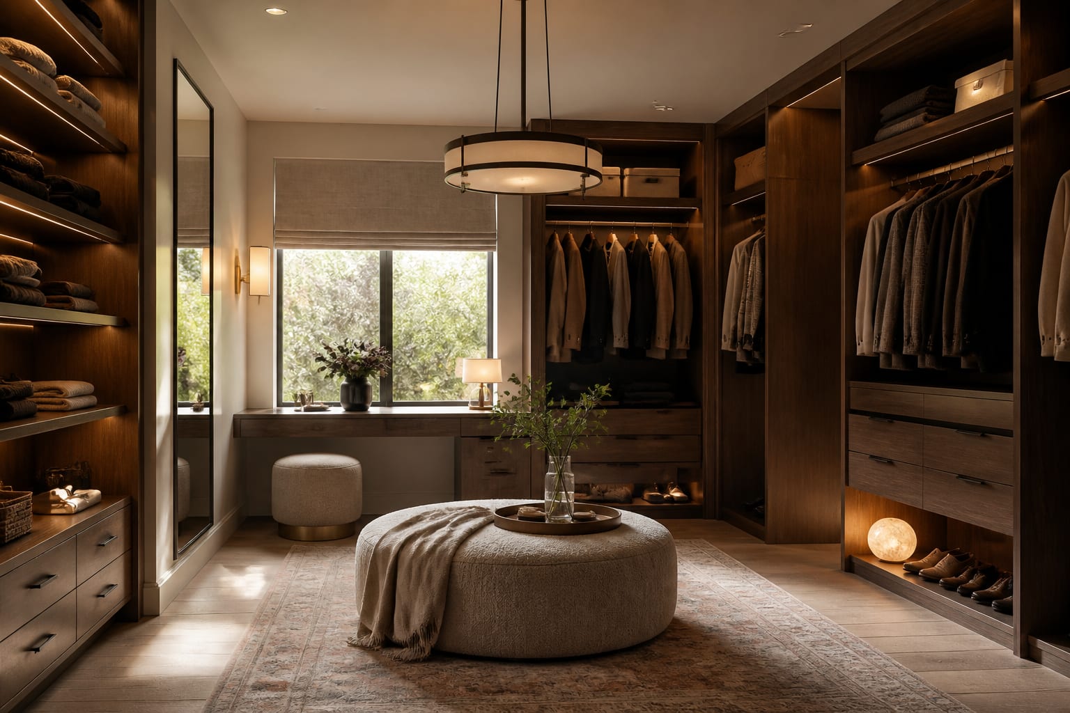 Editorial interior photograph showing walk-in closet ideas that earn every square foot in a real closet, with warm residential materials, layered lighting, functional furniture placement, and a magazine-quality composition.