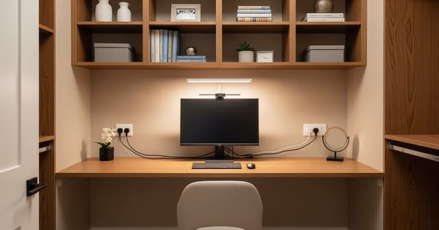 A walk-in closet converted to a mini home office with a floating desk, monitor light bar, and high shelving