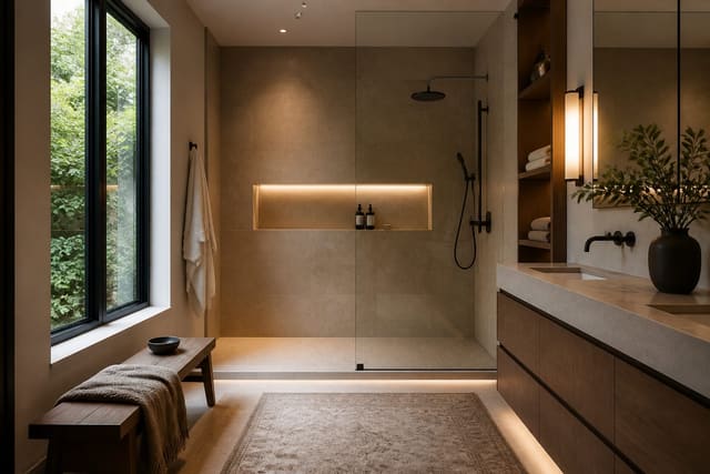 Editorial interior photograph showing walk in shower ideas in a real walk-in shower bathroom, with spa-like bathroom materials, layered warm lighting, functional furniture placement, and a magazine-quality residential composition.