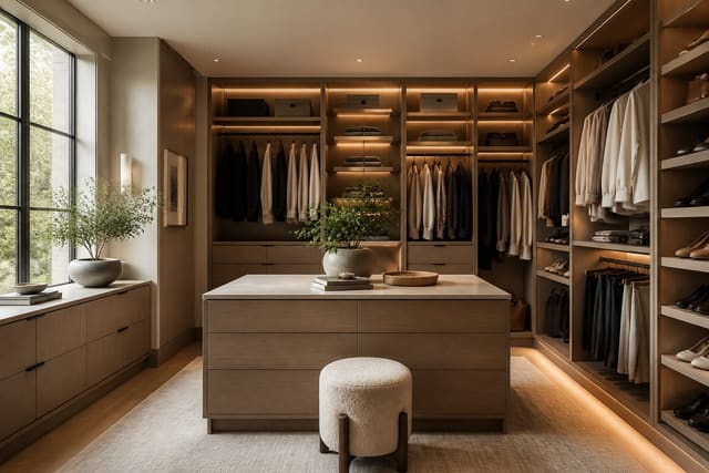 How to Design a Walk-In Wardrobe That Actually Works, shown as warm editorial Re-Design photography with believable residential scale, natural light, clear material detail, no overlaid text, no watermark