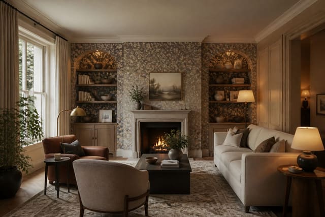 Editorial interior photograph showing wallpaper ideas: where and how to use it by room in a real whole home, with warm residential materials, layered lighting, functional furniture placement, and a magazine-quality composition.