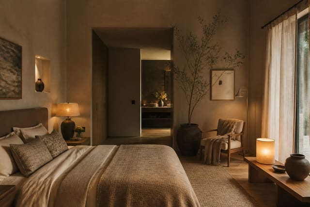 Editorial interior photograph showing warm minimalist bedroom ideas texture, tone, and quiet luxury.