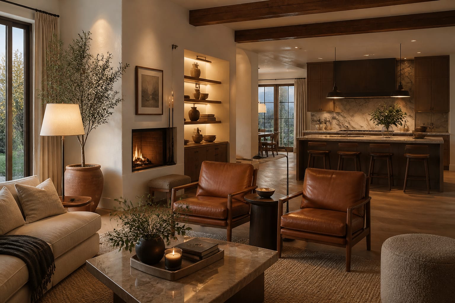 Editorial interior photograph showing warm neutral interior design ideas for every room in your home in a real whole home, with color theory materials, layered warm lighting, styled furniture, and a magazine-quality residential composition.
