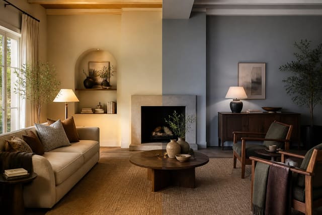 Editorial interior photograph comparing warm and cool paint undertones in a furnished room with natural light and wood accents.