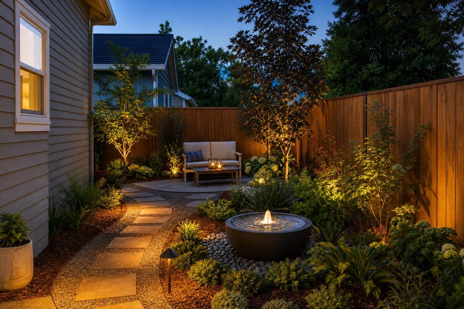 same backyard corner with a low recirculating fountain, gravel splash bed, layered planting, and seating nearby