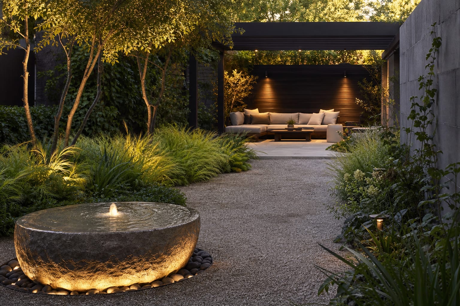 recirculating stone fountain beside layered grasses, gravel path, and a shaded backyard seating area