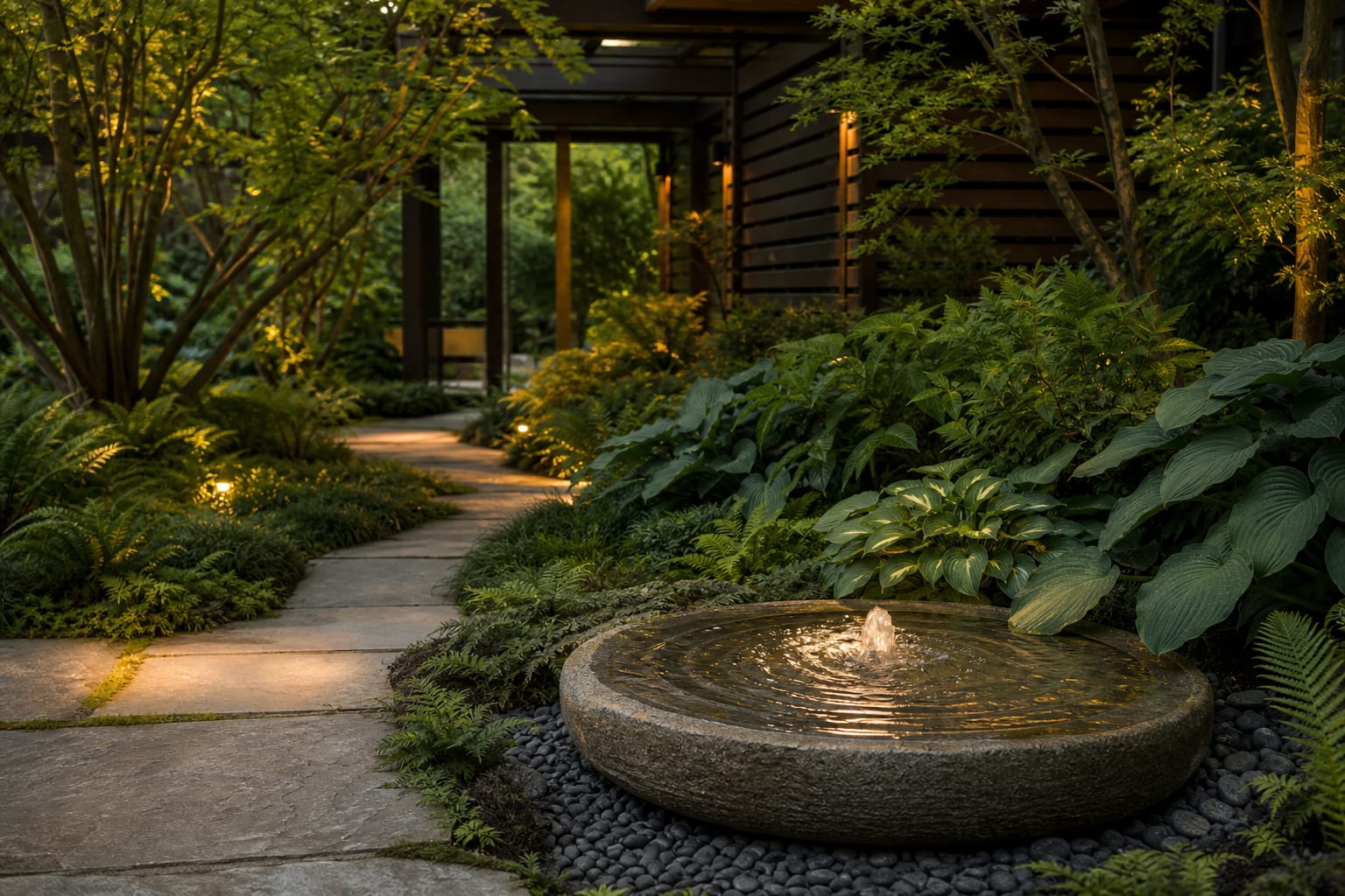 low bowl fountain set into gravel with ferns, hostas, and a narrow stone path through a shaded garden