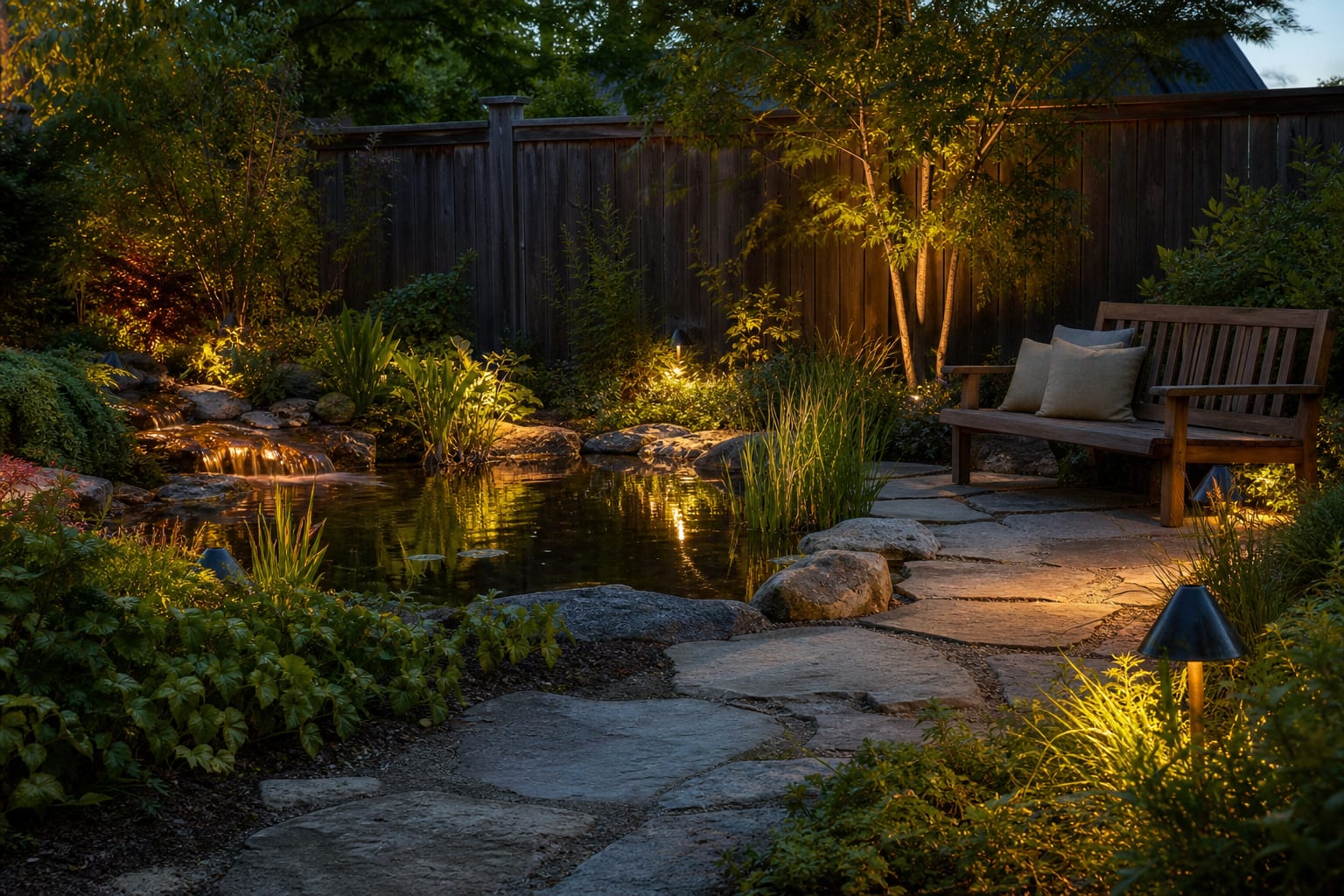 small backyard pond with planted edges, flat access stones, and warm path lighting near a timber bench