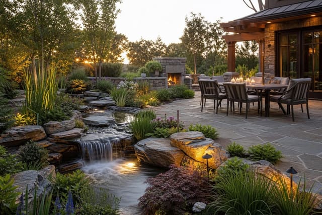 Water Feature Ideas Backyard: Fountains, Ponds, and Streams shown as a photorealistic outdoor redesign with layered materials, planting, lighting, and clear circulation