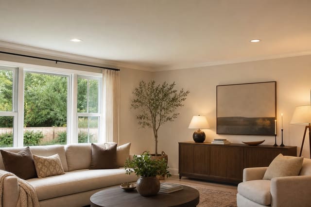 living room ceiling with a repaired water stain, flat warm-white paint, simple lighting, and calm neutral furniture below
