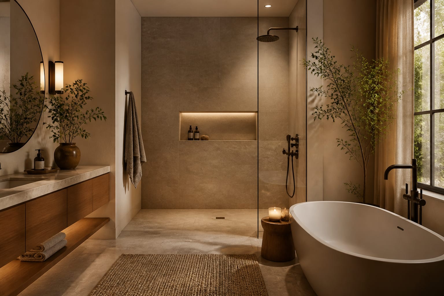 Wet Room Ideas in a bathroom, shown as a warm editorial Re-Design concept