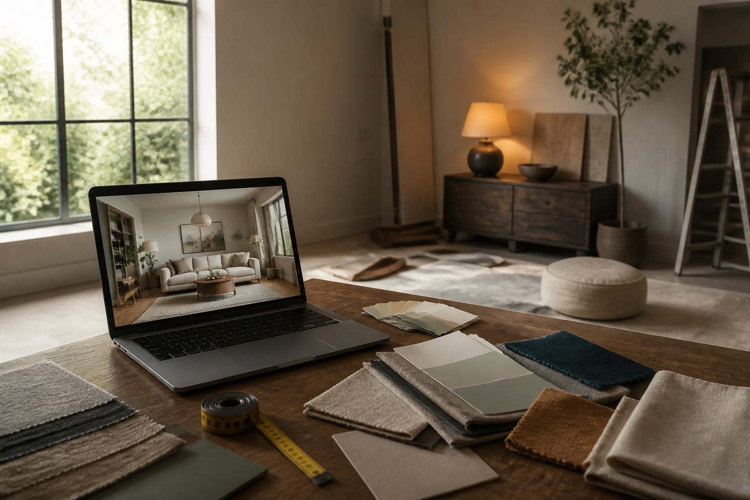 AI interior design preview on a laptop beside fabric samples, paint sheets, a tape measure, and a half-furnished living room