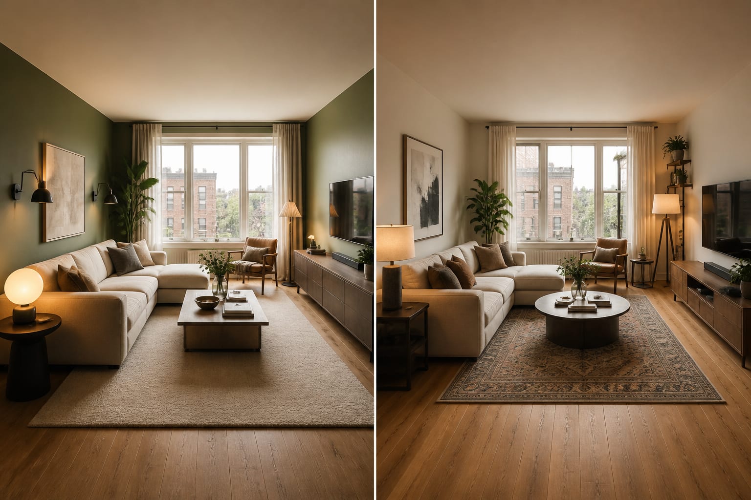Side-by-side AI room concepts showing different rug sizes, sofa placement, wall color, and lamp layouts in the same apartment living room
