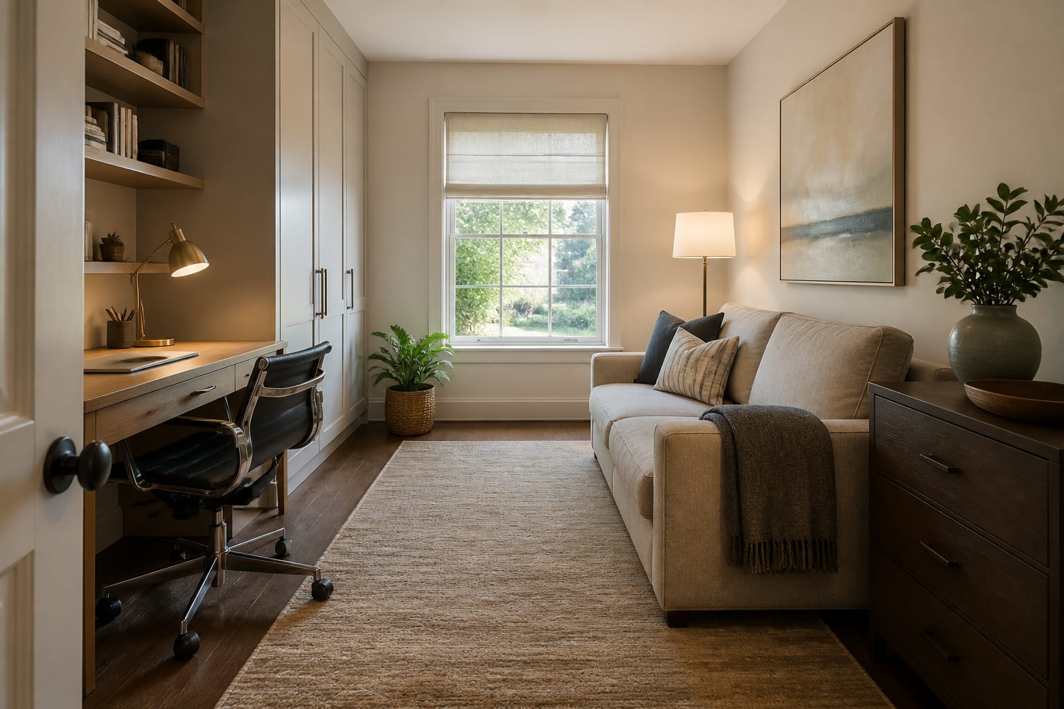 AI-generated dual-purpose guest room and office concept with a sleeper sofa, compact desk, closed storage, and clear walking paths