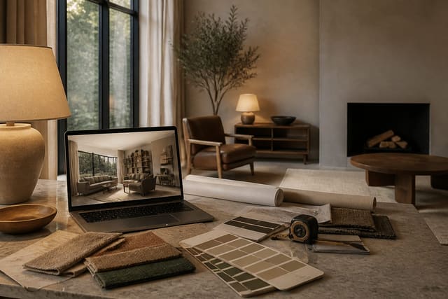 AI interior design preview on a laptop beside fabric samples, paint sheets, a tape measure, and a half-furnished living room