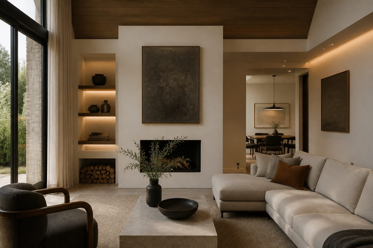 Editorial interior photograph showing contemporary design with calm architecture, current materials, clean silhouettes, and warm layered lighting.